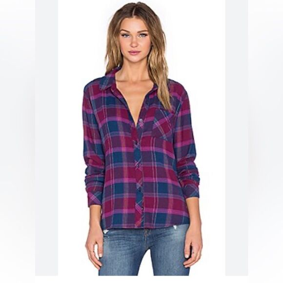 Rails Danielle Button Down Plaid Top in Merlot & Indigo - Picture 1 of 4